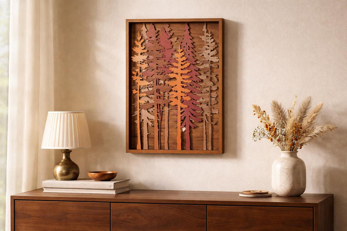 Handmade tall pine trees wood wall art with layered rustic pine forest design in warm brown and natural wood tones