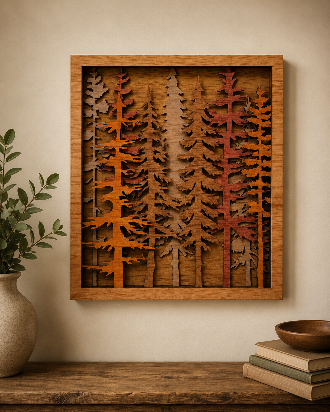 Forest Pine Trees Scene Stained Wall Art