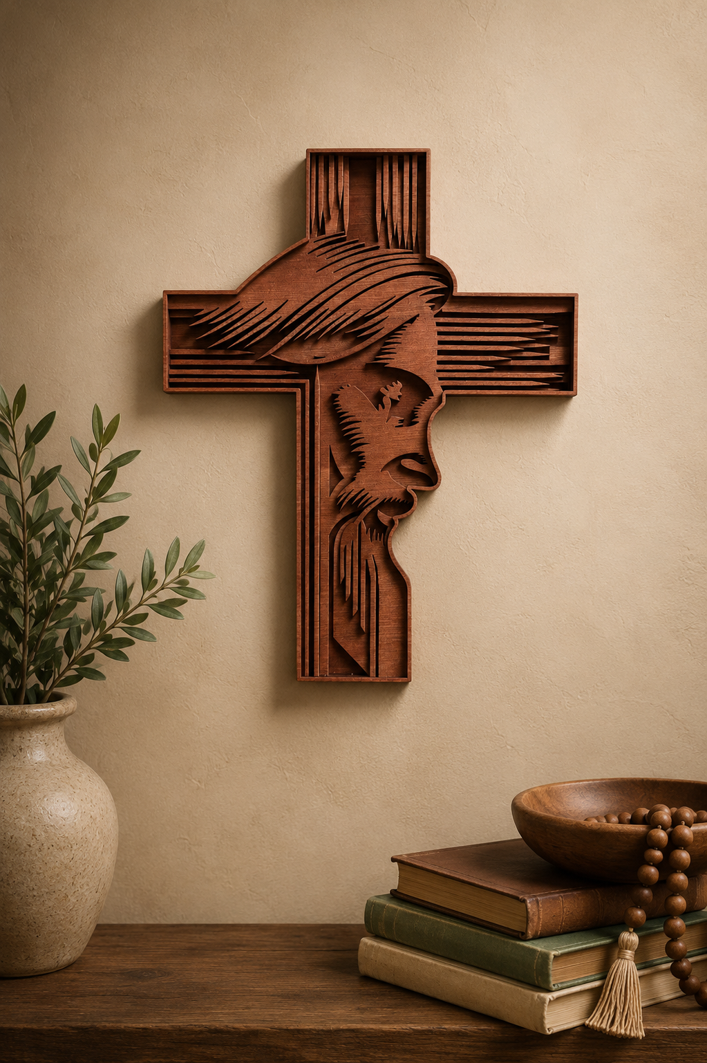 Cross with Jesus Face Wood Wall Art