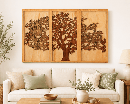 Handmade layered Tree of Life triptych wood wall art with intricate laser-cut design and rustic farmhouse style