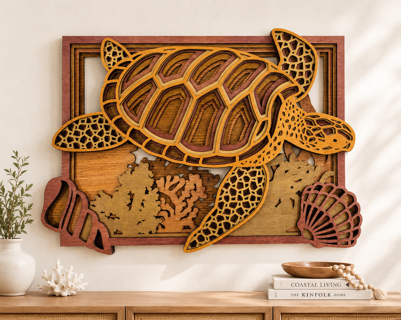 3D Turtle & Sea Shells Wood Wall Art