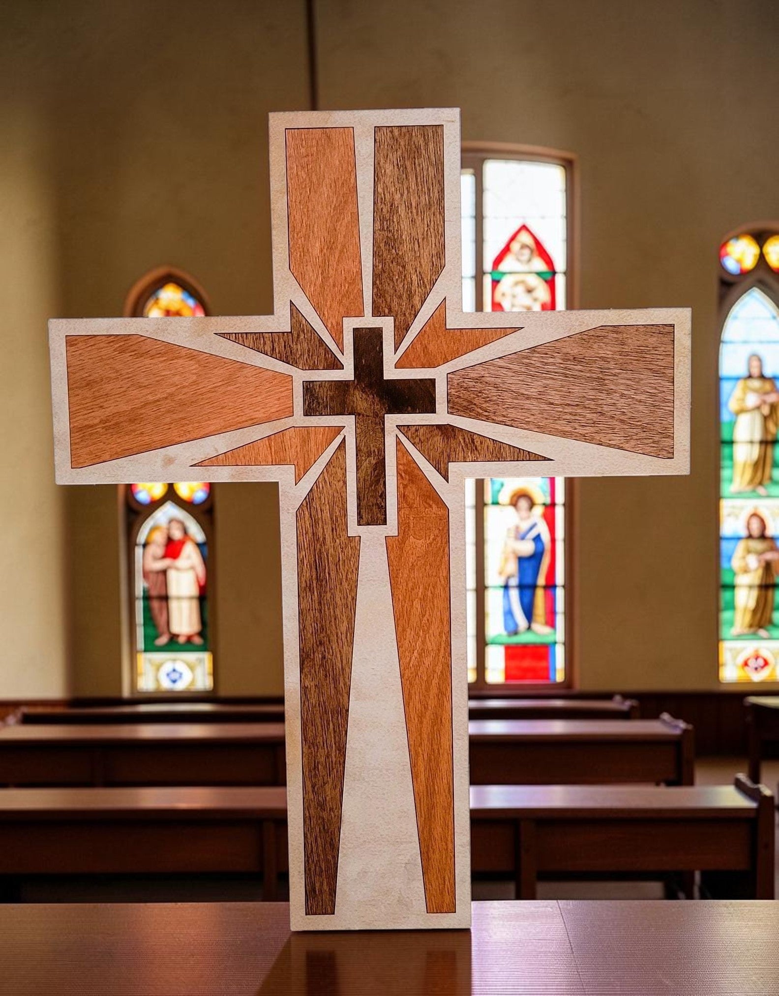 Wooden cross with inlayed wood of different stained colors