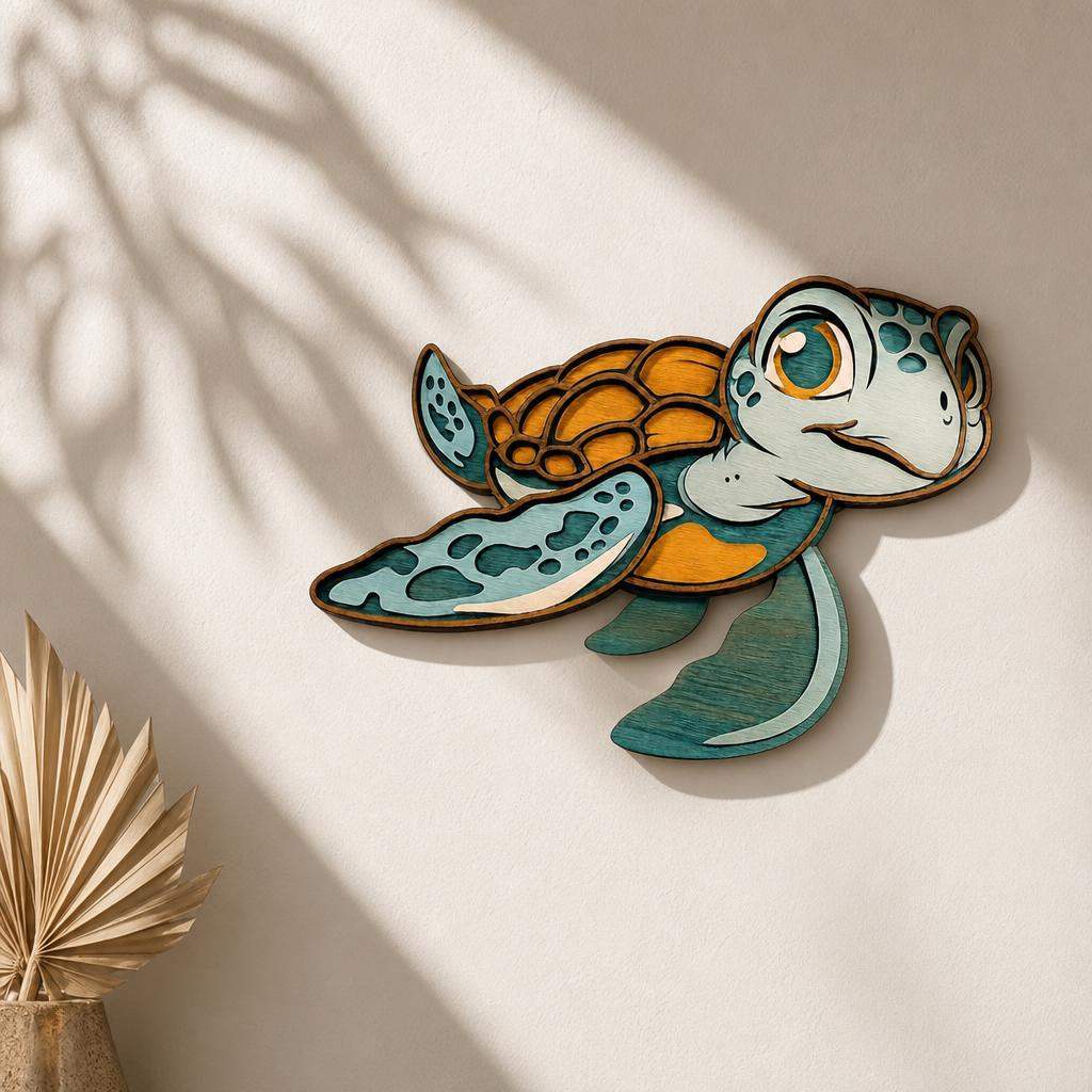 Handcrafted layered baby sea turtle wood wall art with vibrant coastal colors for nursery decor