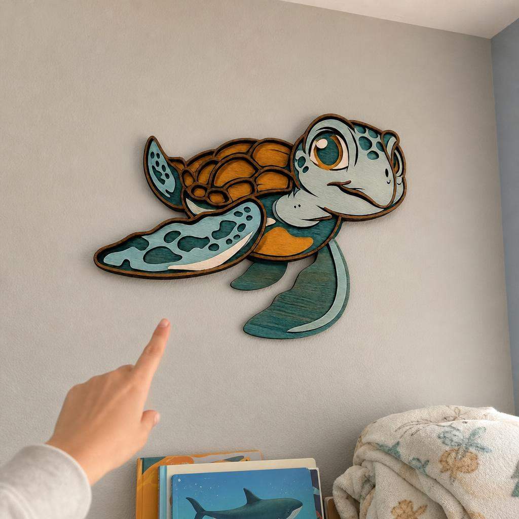 Handcrafted layered baby sea turtle wood wall art with vibrant coastal colors for nursery decor