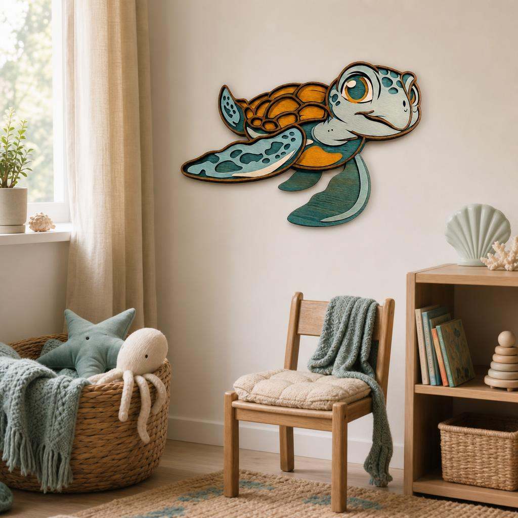 Handcrafted baby sea turtle wood wall art with colorful layered details for coastal nursery decor