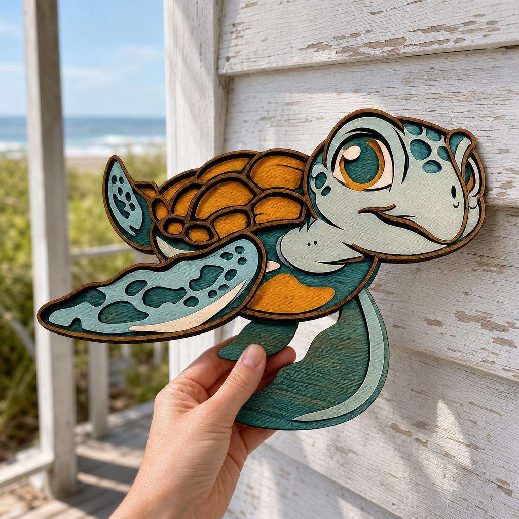 Handcrafted baby sea turtle wood wall art with colorful layered design for coastal nursery decor