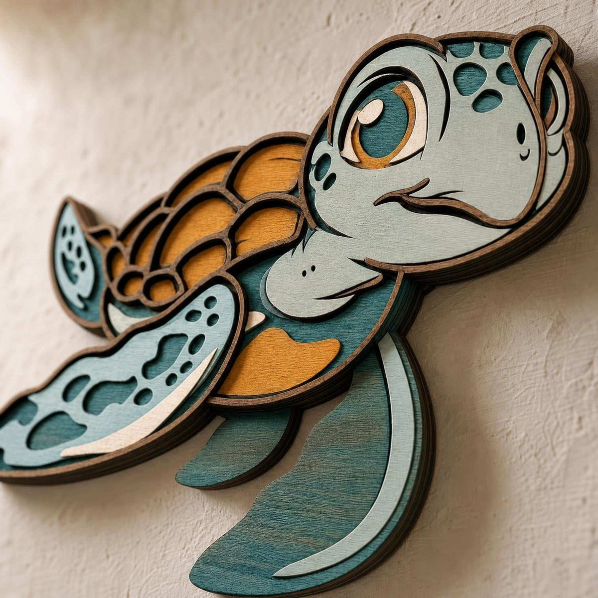 Handcrafted baby sea turtle wood wall art with layered colorful design for coastal nursery decor
