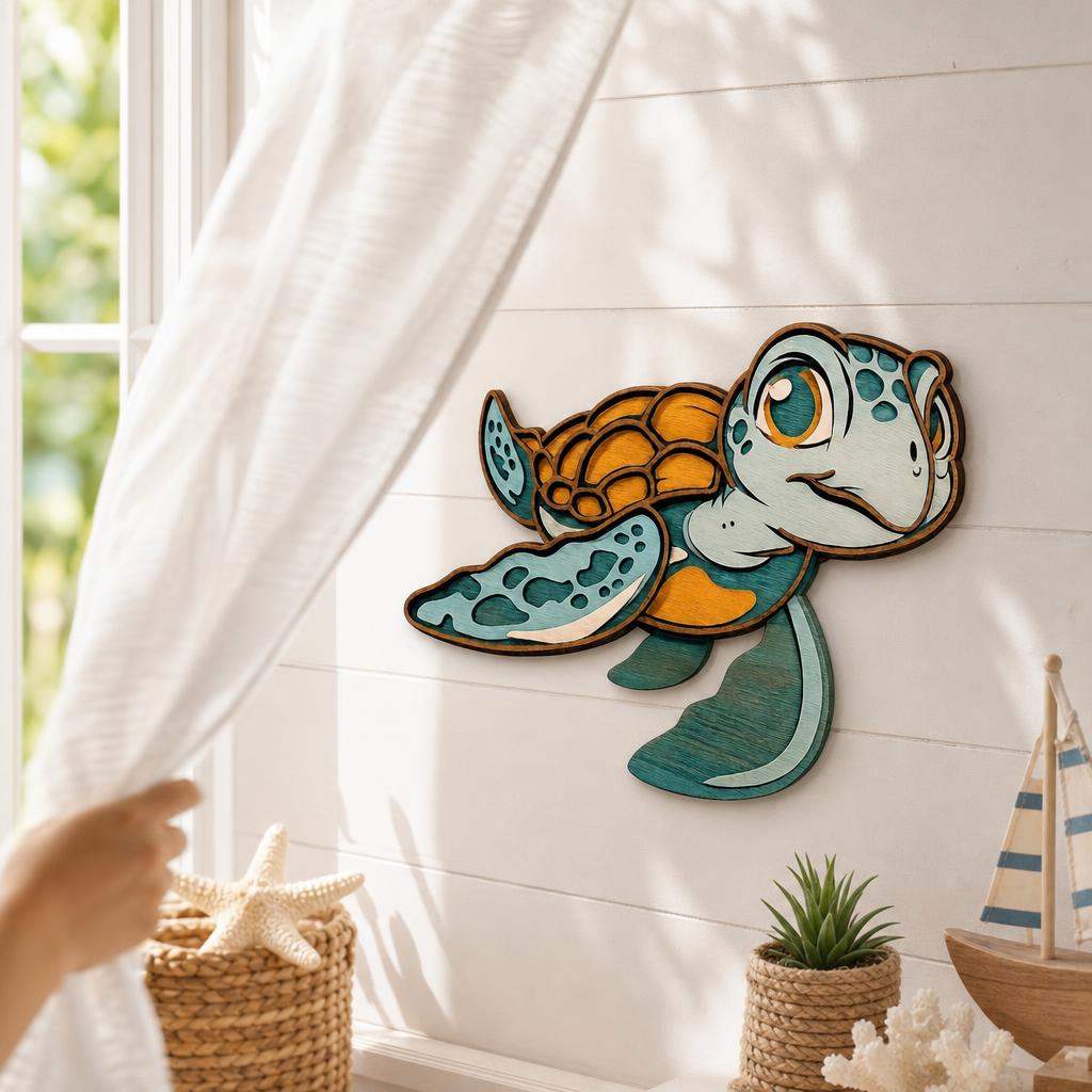 Handcrafted baby sea turtle wood wall art with layered colorful details for coastal nursery decor
