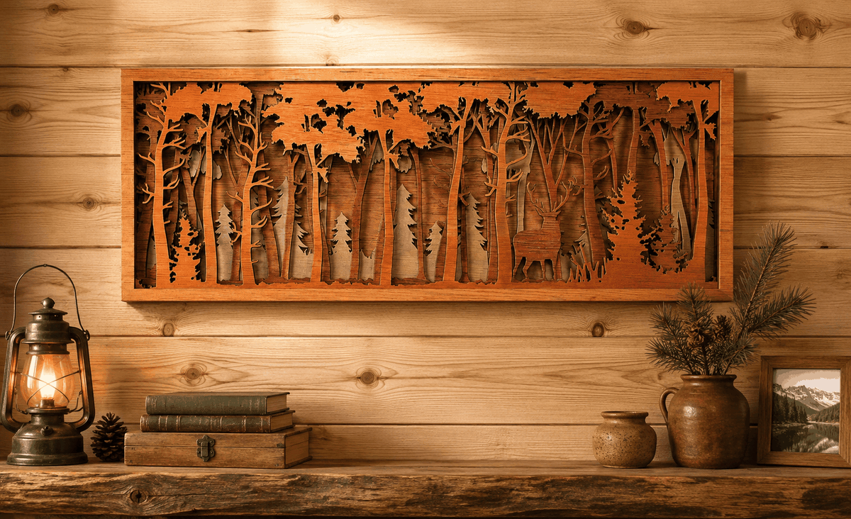 Big Buck in the Forest layered wood wall art in warm natural tones, featuring a deer among detailed trees