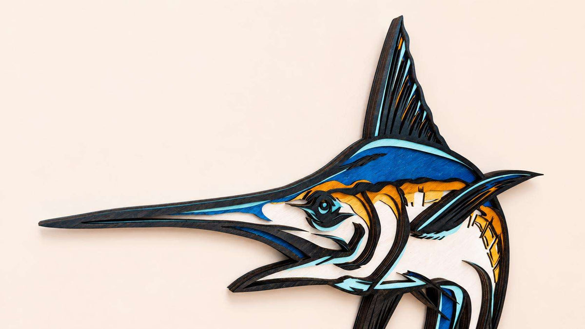 Handcrafted blue marlin layered wood wall art for coastal decor