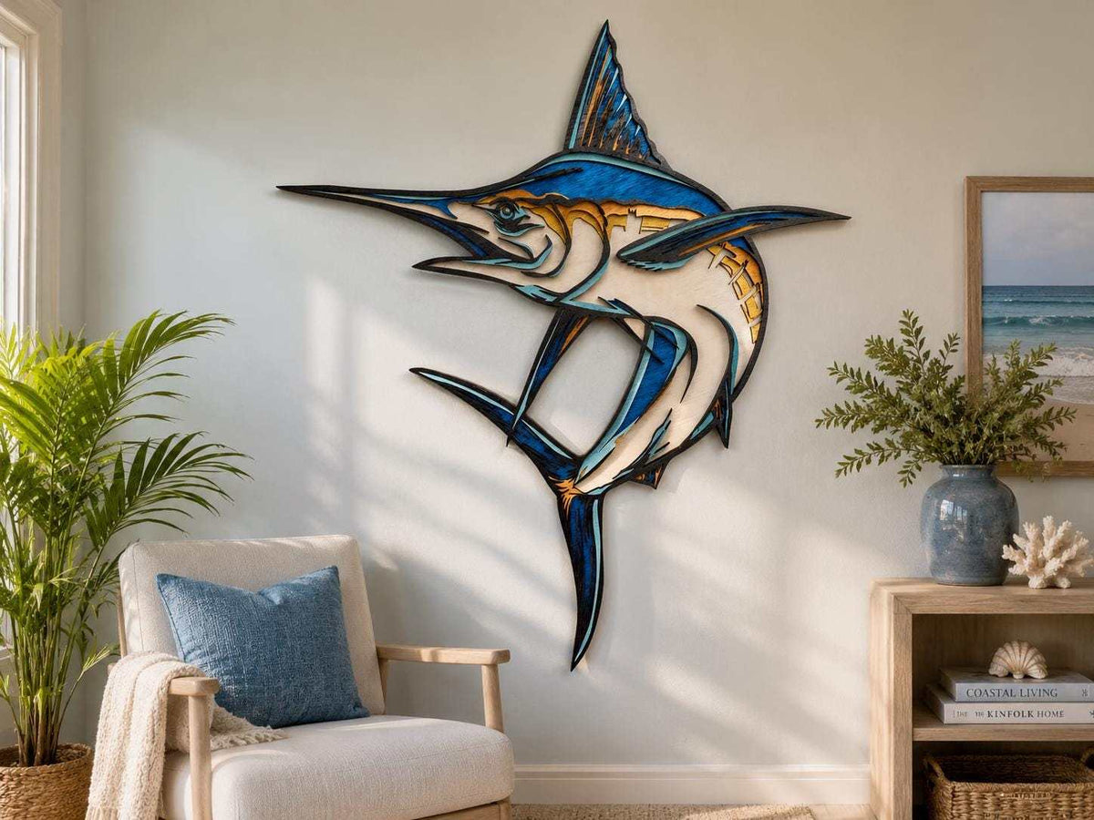 Handmade blue marlin layered wood wall art for coastal decor