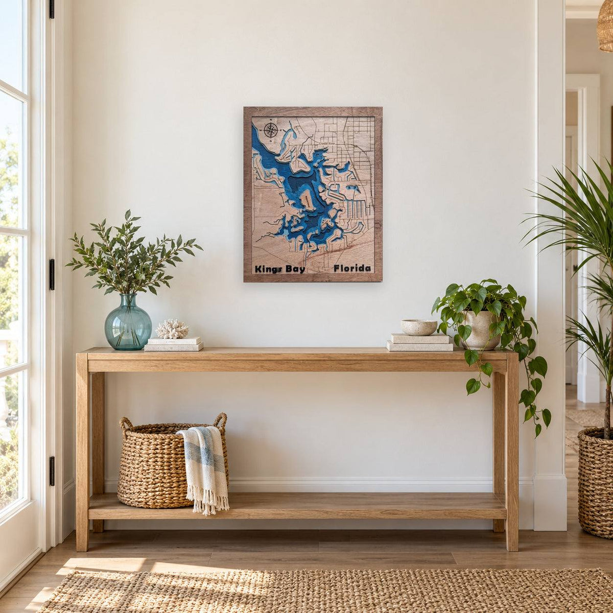 Blue Marlin wood wall art map of Kings Bay with layered blue waterways
