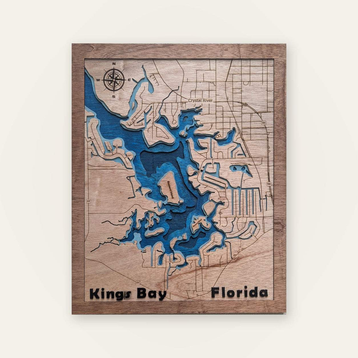 Layered wood map wall art of Kings Bay Crystal River with blue waterways