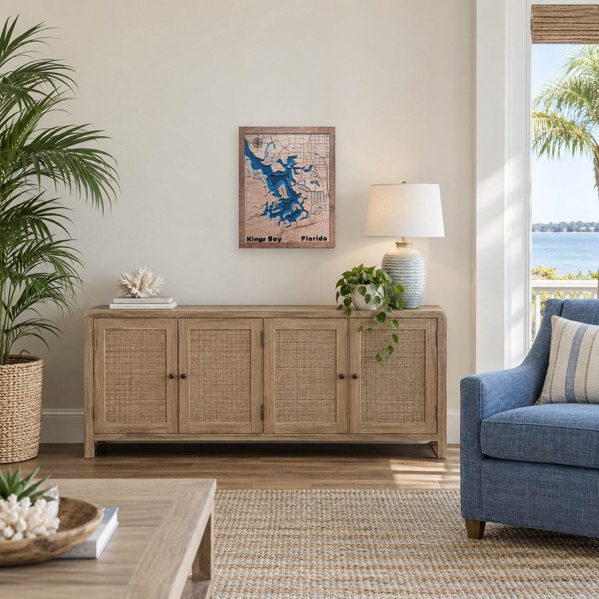 Layered wooden wall art map of Kings Bay with blue waterways and natural wood tones