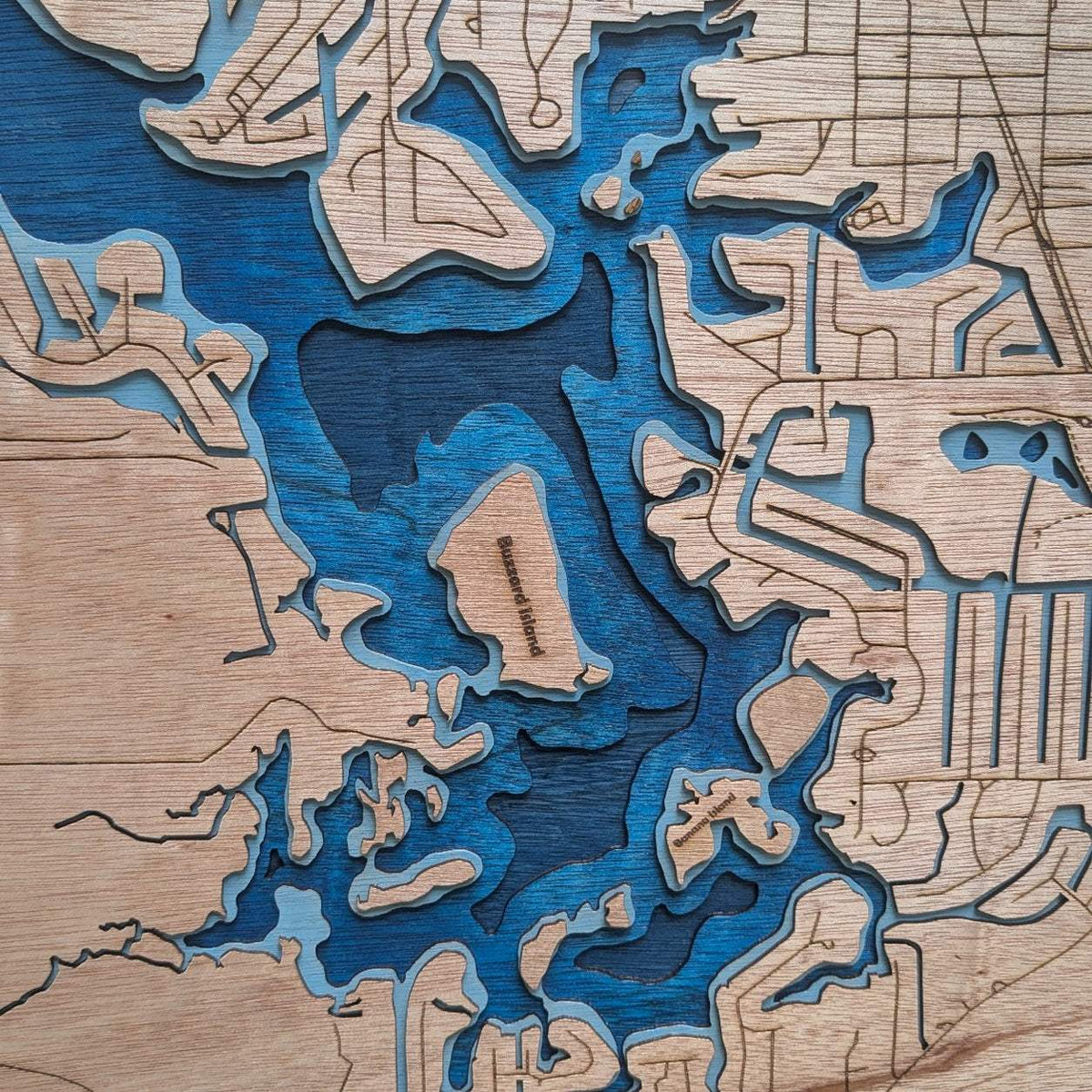Layered blue marlin wall art wooden map of Kings Bay Crystal River