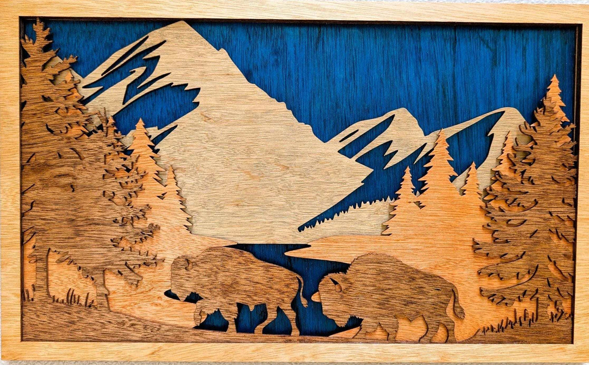 3D wooden Buffalo Mountain Scene wall art with layered mountain, forest, lake, and buffalo design