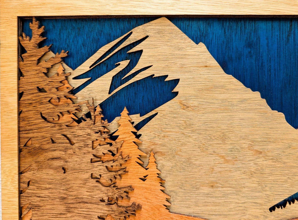 3D Buffalo Mountain Scene wood wall art featuring layered buffalo, mountain peaks, evergreen forests, and lake in natural wood tones