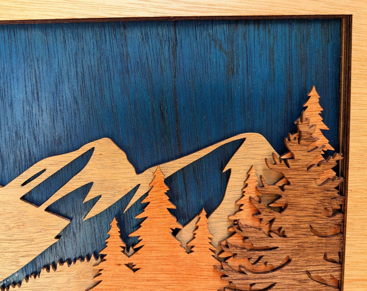 3D Buffalo Mountain Scene wood wall art featuring layered buffalo, mountains, forest, and lake in natural wood tones