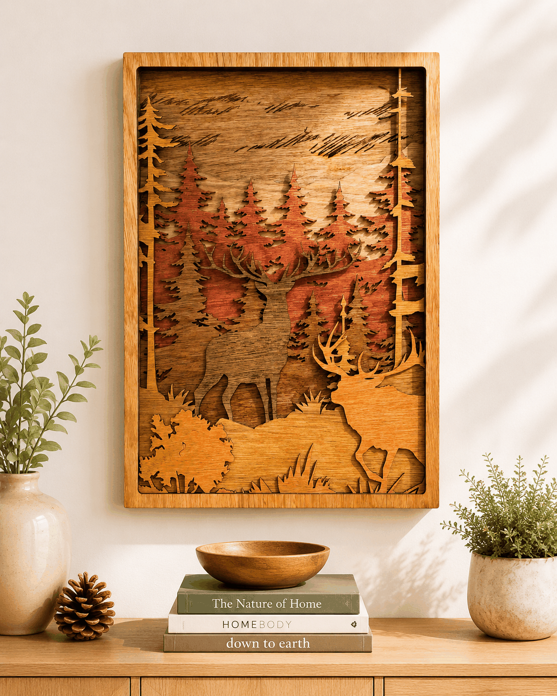 Elk & Buck Woodland Forest Wall Art featuring layered wood elk and buck silhouettes, evergreen trees, and warm natural tones