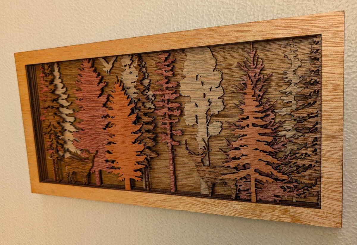 Handcrafted forest and deer 3D layered wood wall art