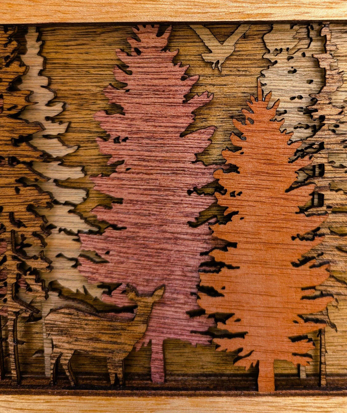 3D forest and deer layered wood wall art handcrafted and stained