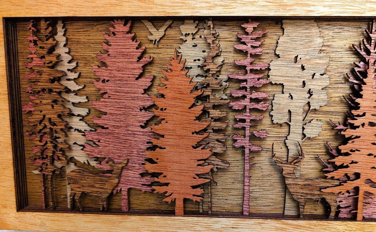 3D layered forest and deer wood wall art handcrafted with stained wood