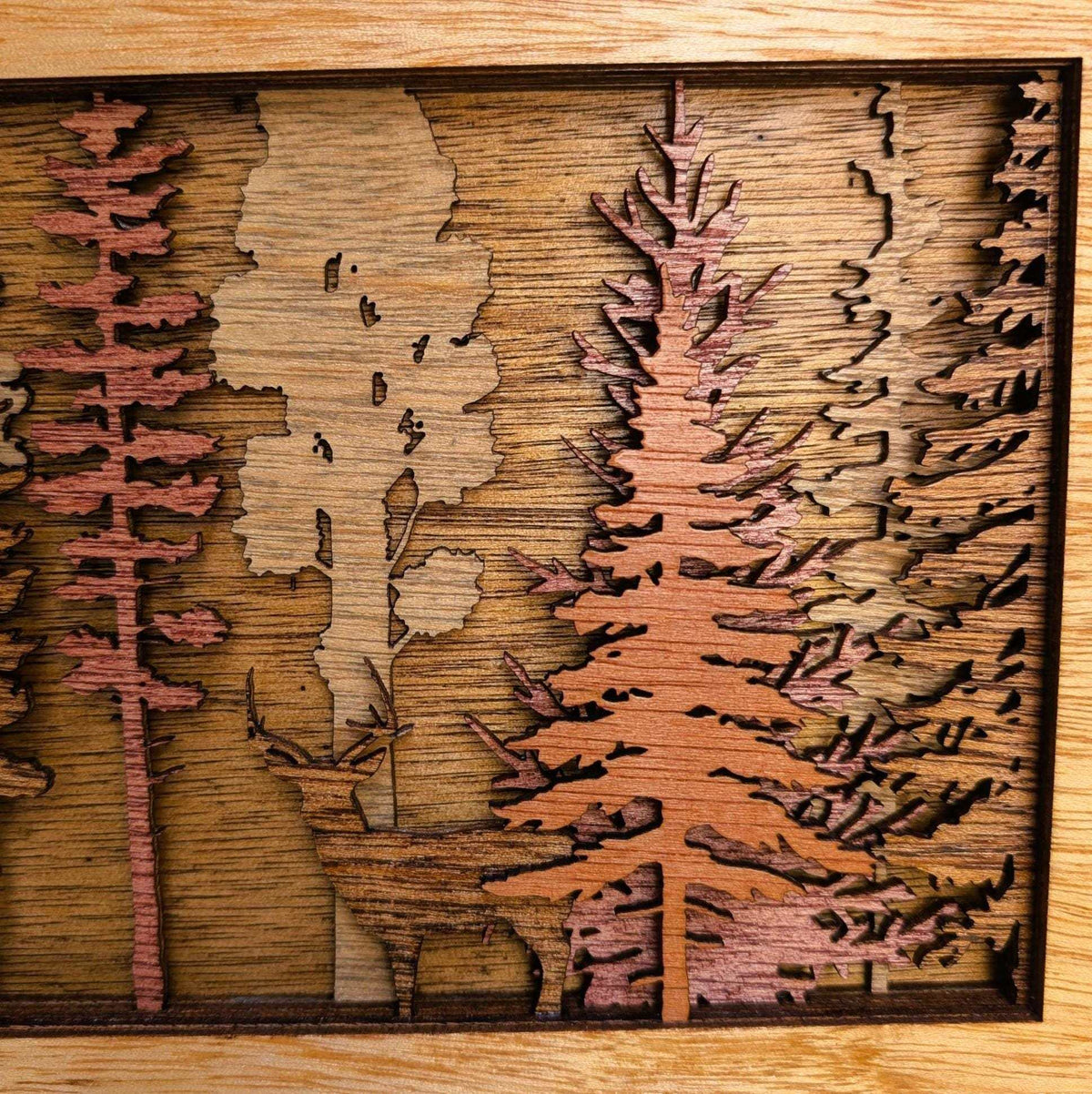 Handcrafted forest and deer 3D layered wood wall art