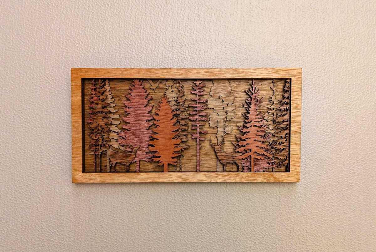 Handcrafted forest and deer layered wood wall art