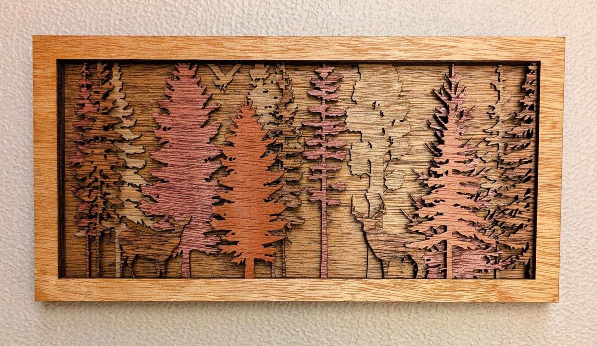 Handcrafted forest and deer layered wood wall art
