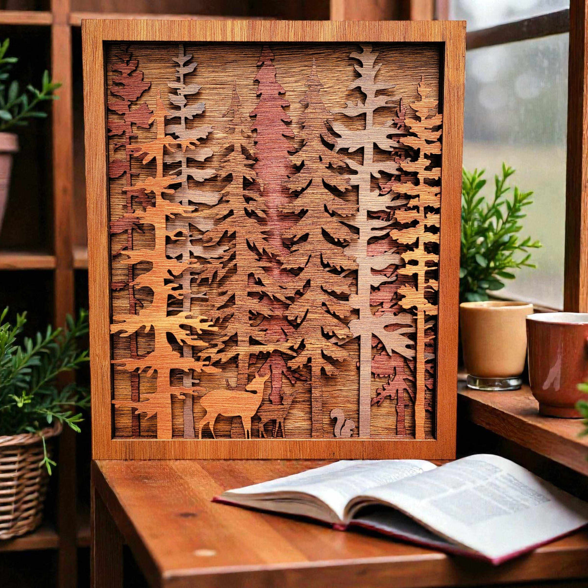 Forest Pine Trees layered wood wall art in warm brown tones, featuring a deer and squirrel among cutout trees
