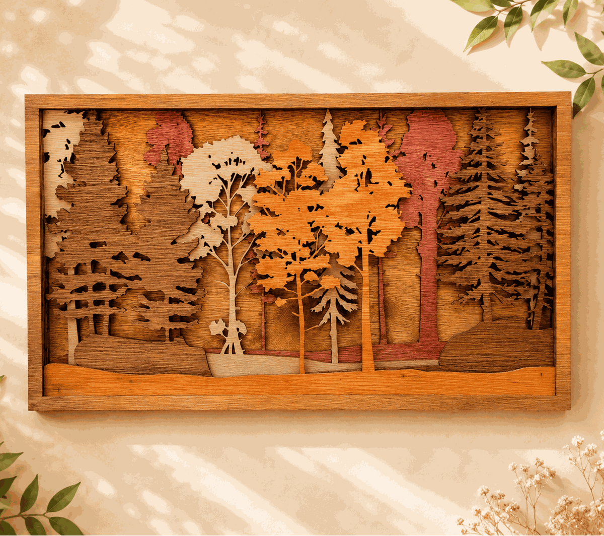 Forest Scene Layered Wood Wall Art featuring warm brown layered trees, colorful wood tones, and dimensional woodland detail