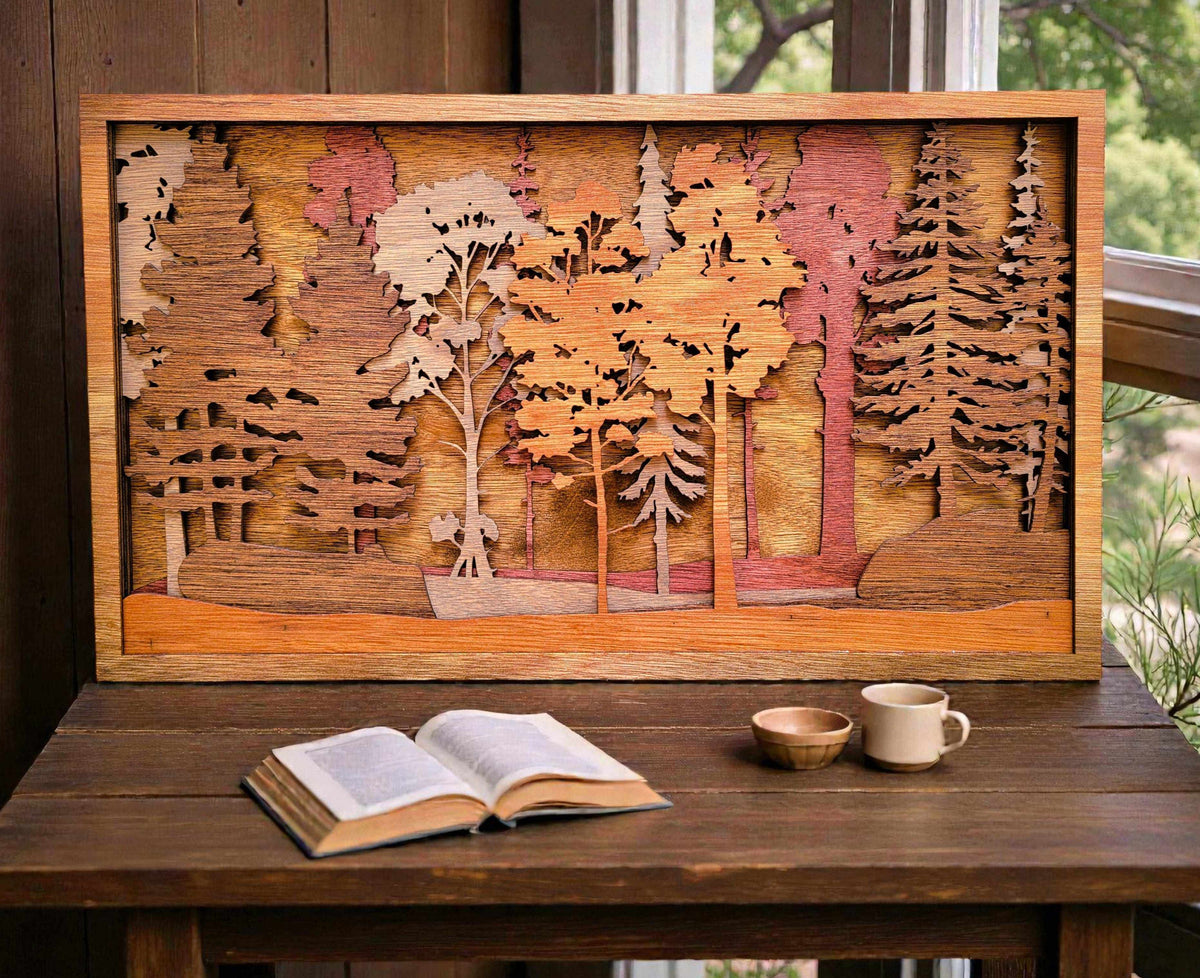Forest Scene Layered Wood Wall Art featuring warm stained wood layers and intricate pine and hardwood tree cutouts