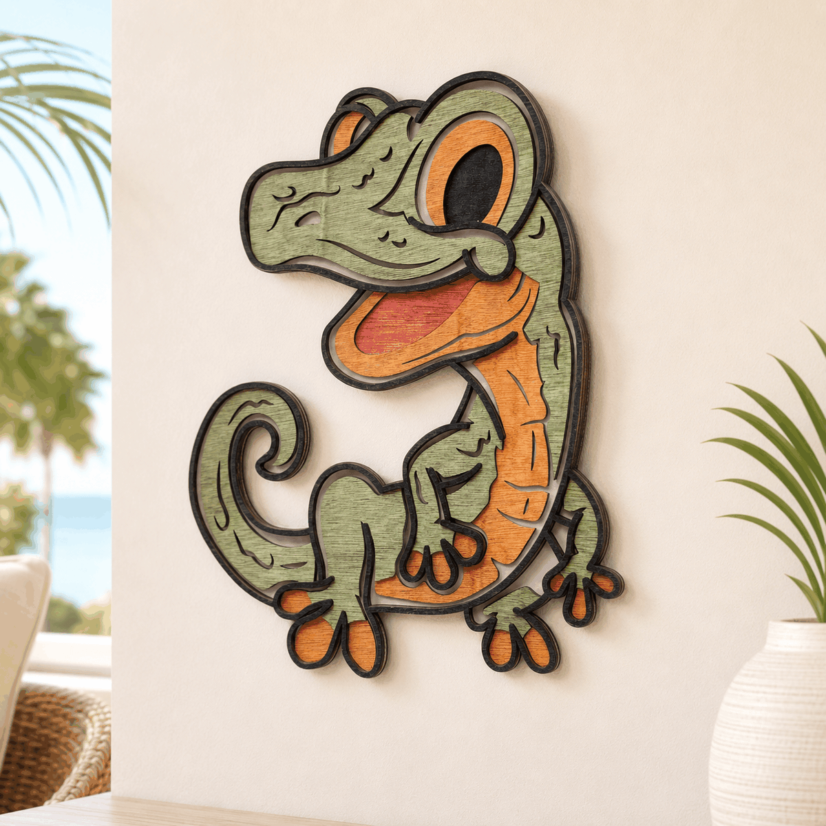 Colorful layered gecko wood wall art with playful design
