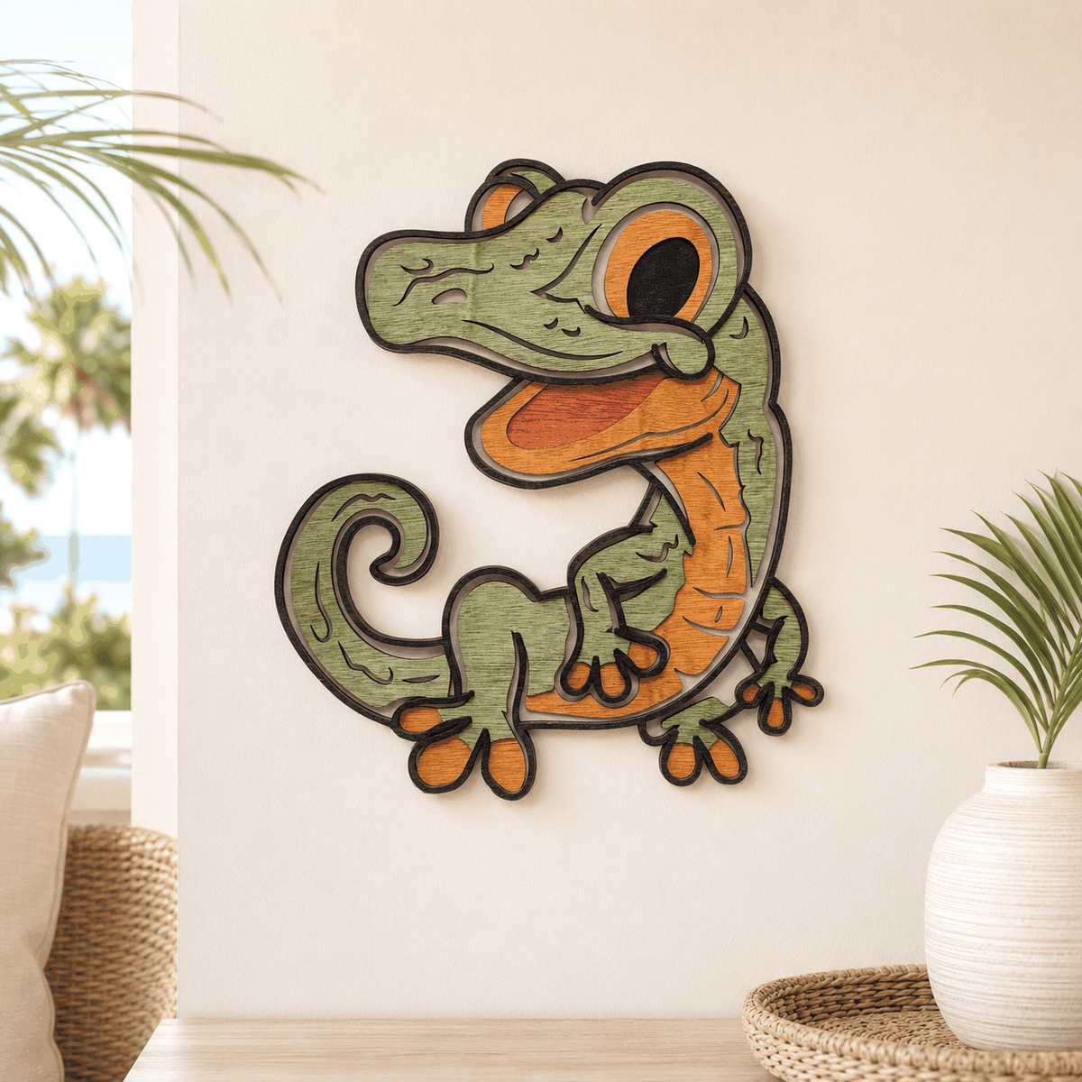 Colorful layered gecko wood wall art handcrafted with laser cut details