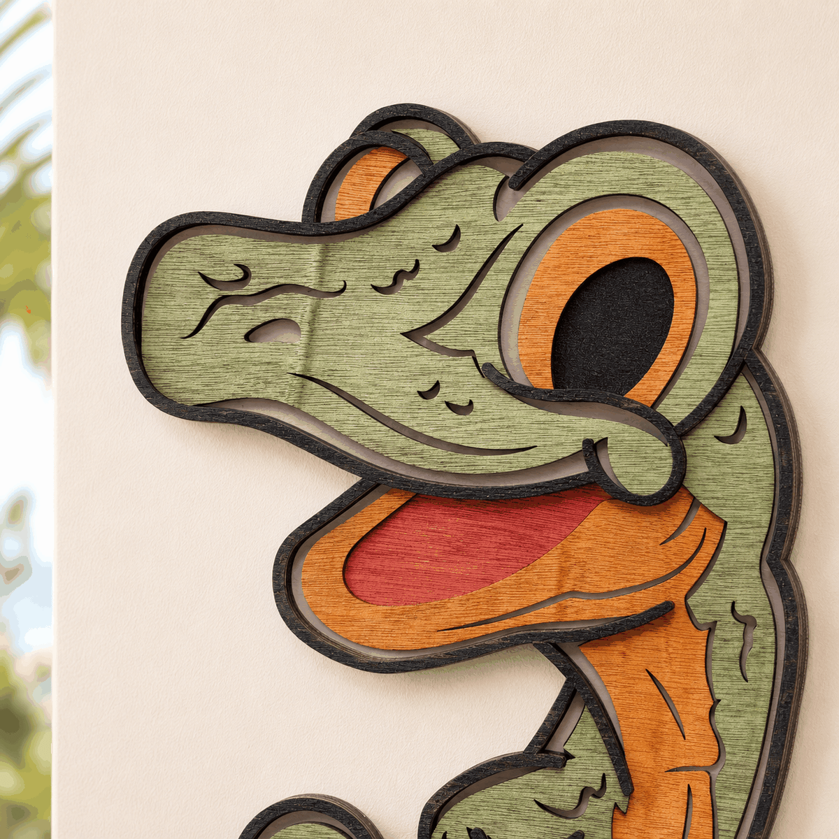 Colorful layered gecko wood wall art with playful design for kids room and beach decor