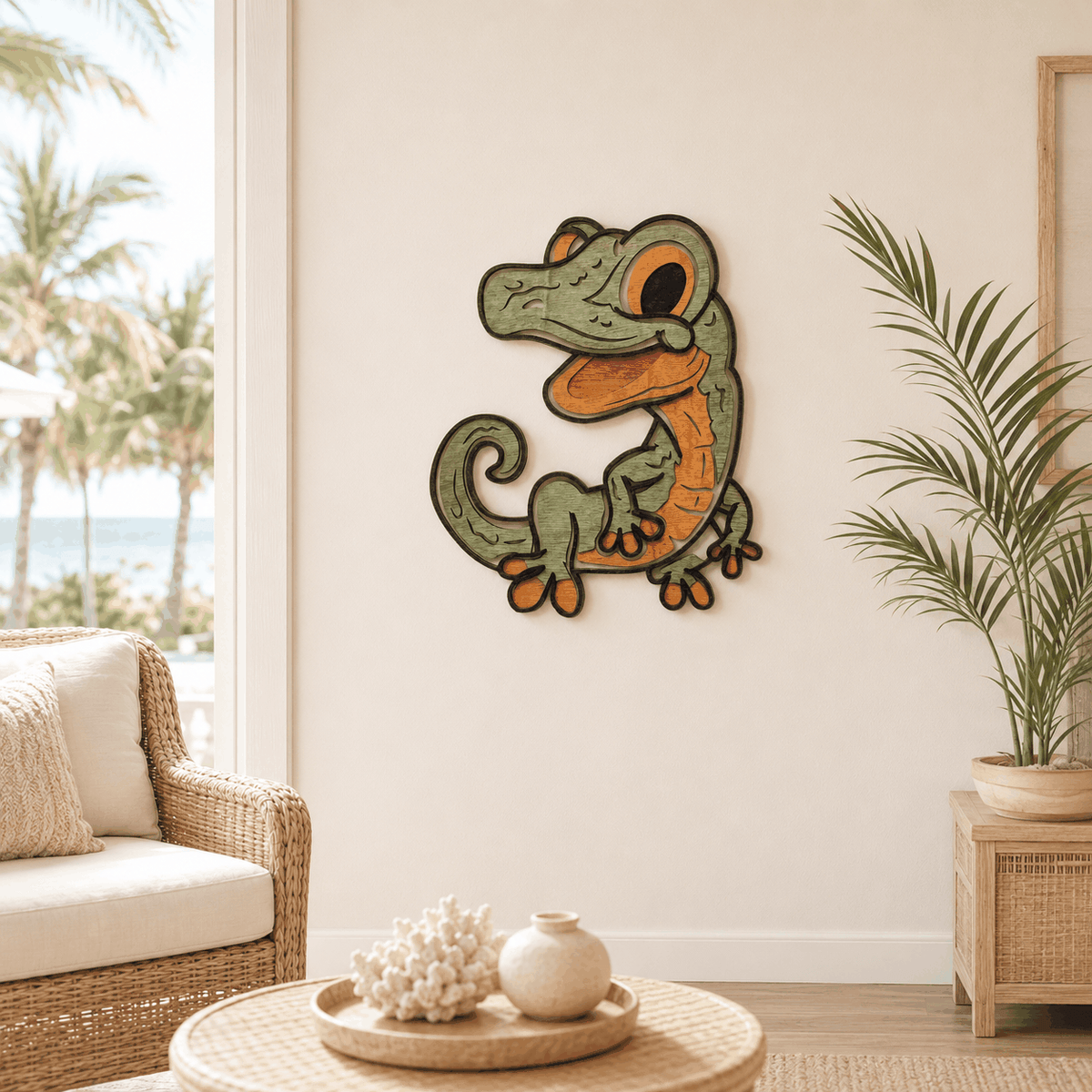 Colorful layered gecko wood wall art with cartoon design for kids room