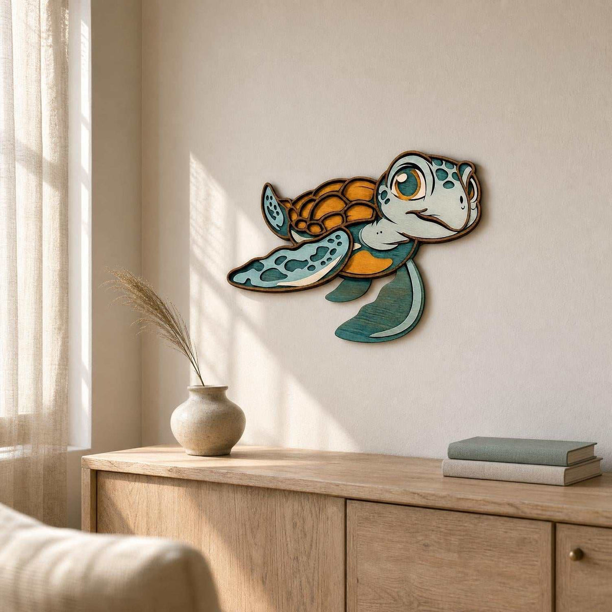 Handcrafted baby sea turtle wood wall art with layered colorful details for coastal nursery decor