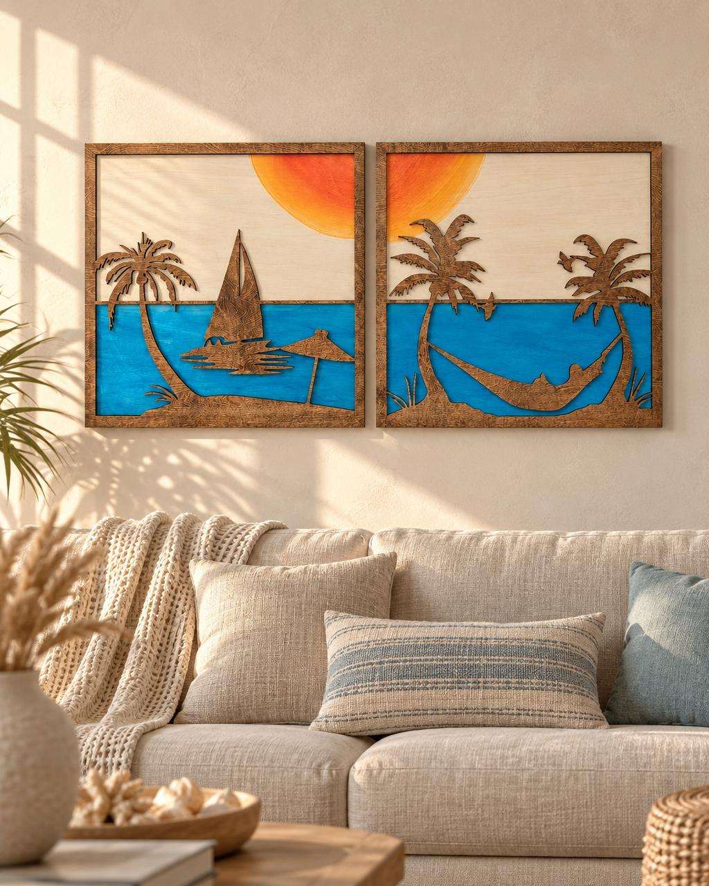 SUNSET OCEAN SCENE Wood Wall Art 2 Panel Set
