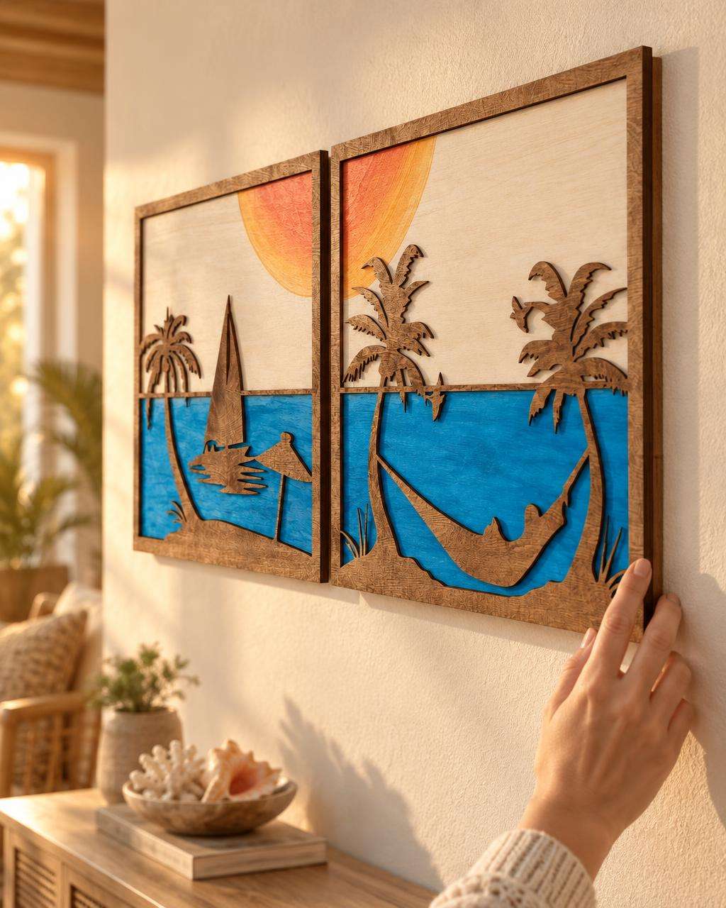 SUNSET OCEAN SCENE Wood Wall Art 2 Panel Set