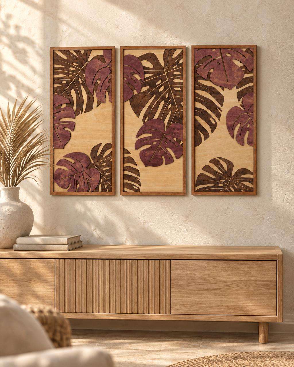 Tropical Leaf Wood Wall Art 3 Panel Set