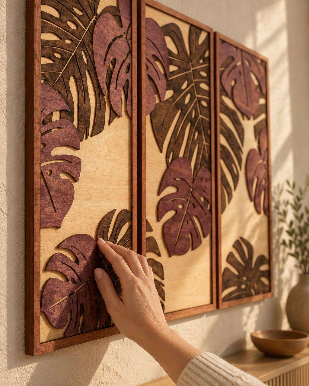 Tropical Leaf Wood Wall Art 3 Panel Set