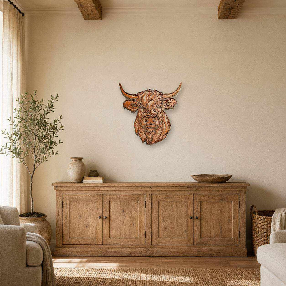 Highland Cow Layered Wood Wall Art featuring a rustic brown carved cow head with long horns and textured mane