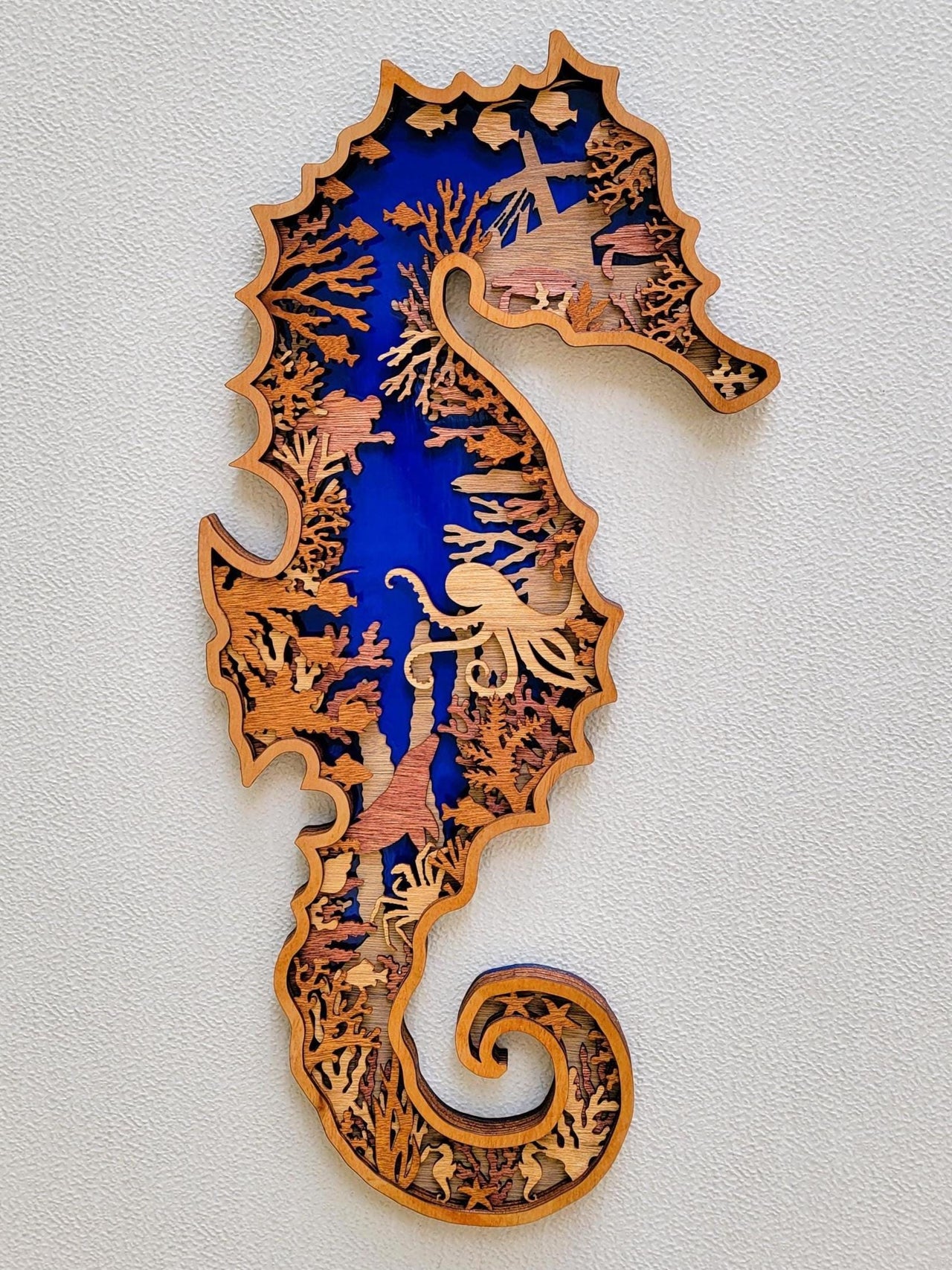 SEAHORSE Multi Layer Stained Wood Wall Art