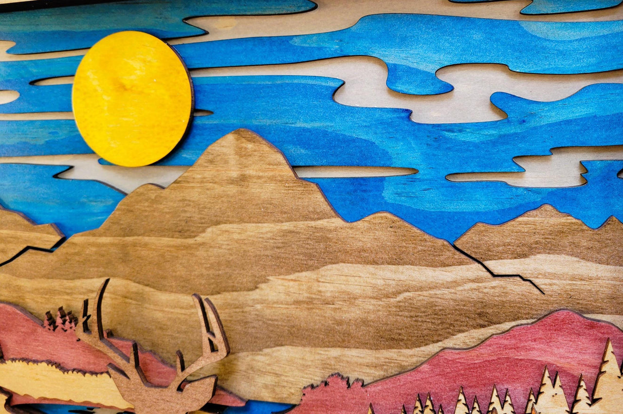 Deer & Mountain Scene: Multi Layered Stained Wood Wall Art