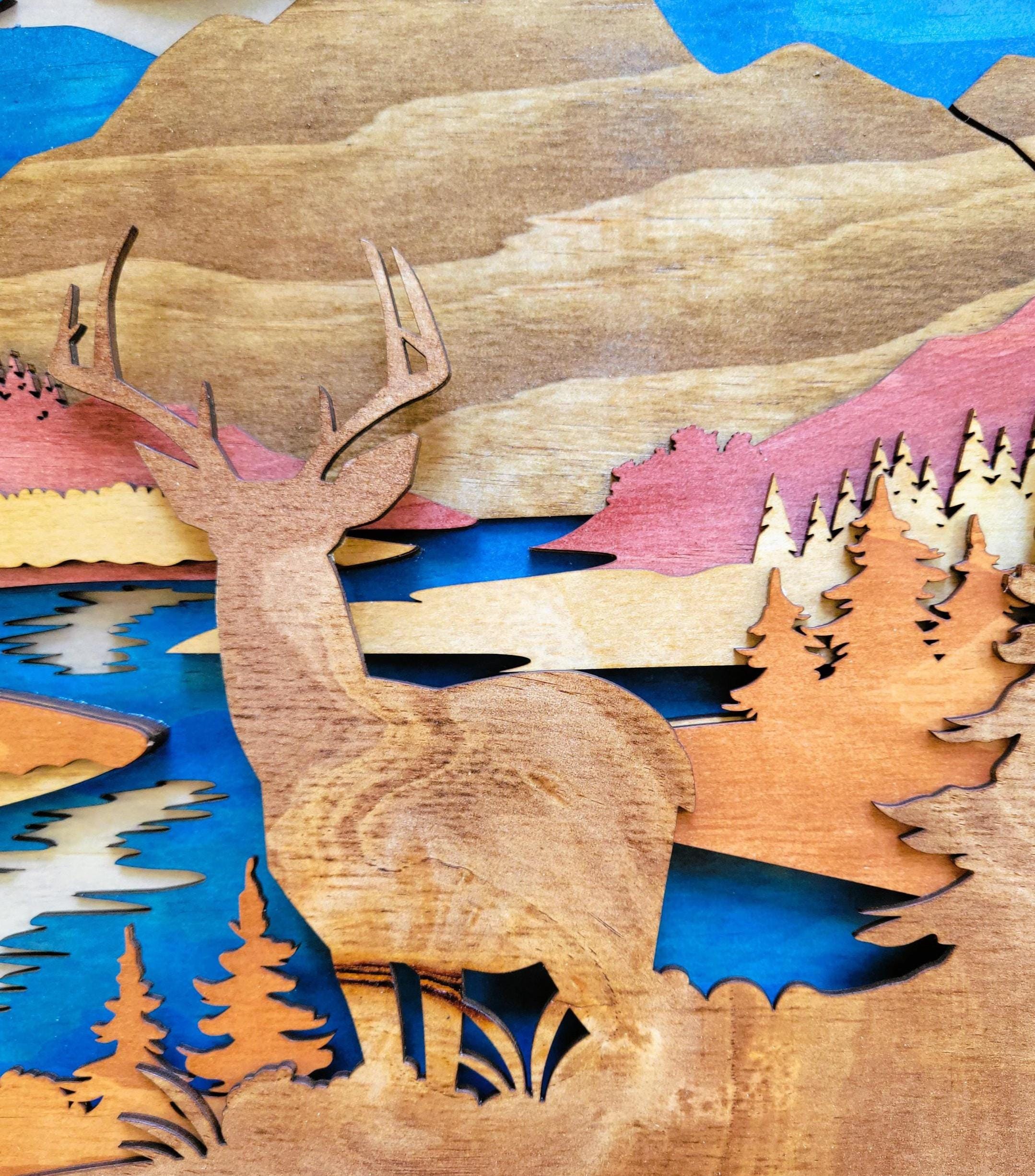 Deer & Mountain Scene: Multi Layered Stained Wood Wall Art