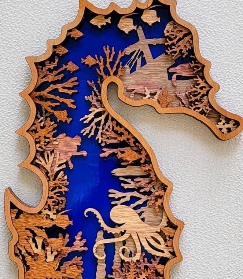 SEAHORSE Multi Layer Stained Wood Wall Art