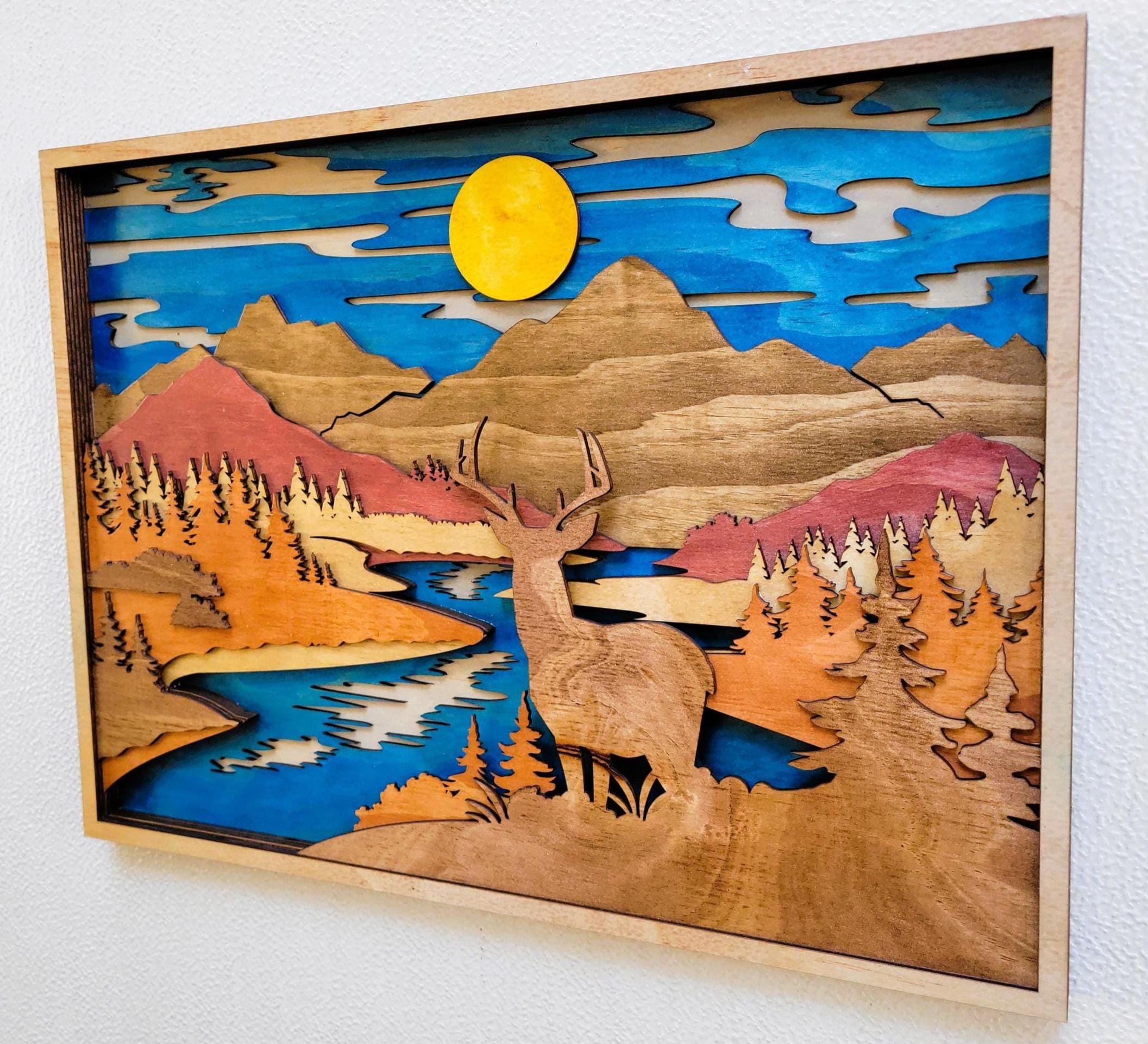 Deer & Mountain Scene: Multi Layered Stained Wood Wall Art