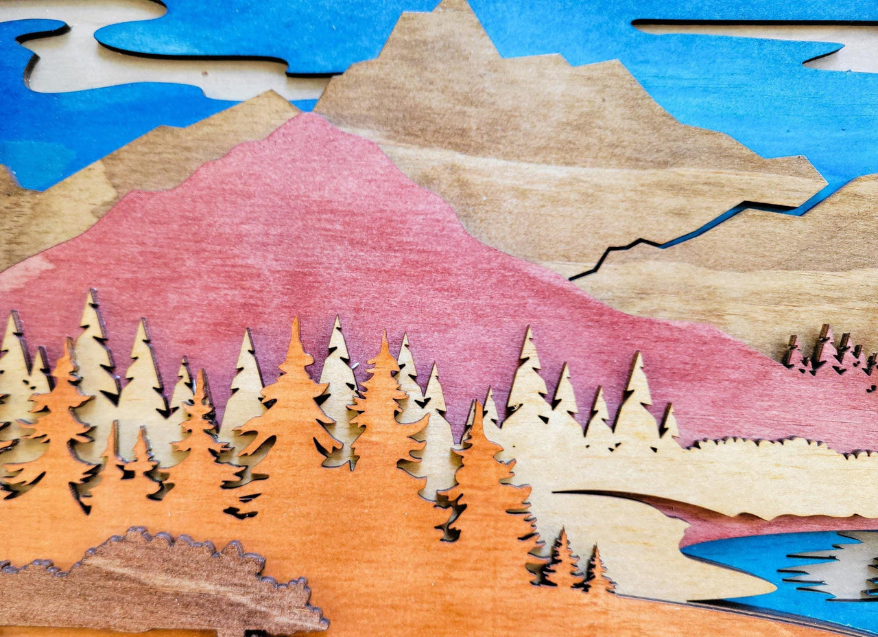 Deer & Mountain Scene: Multi Layered Stained Wood Wall Art