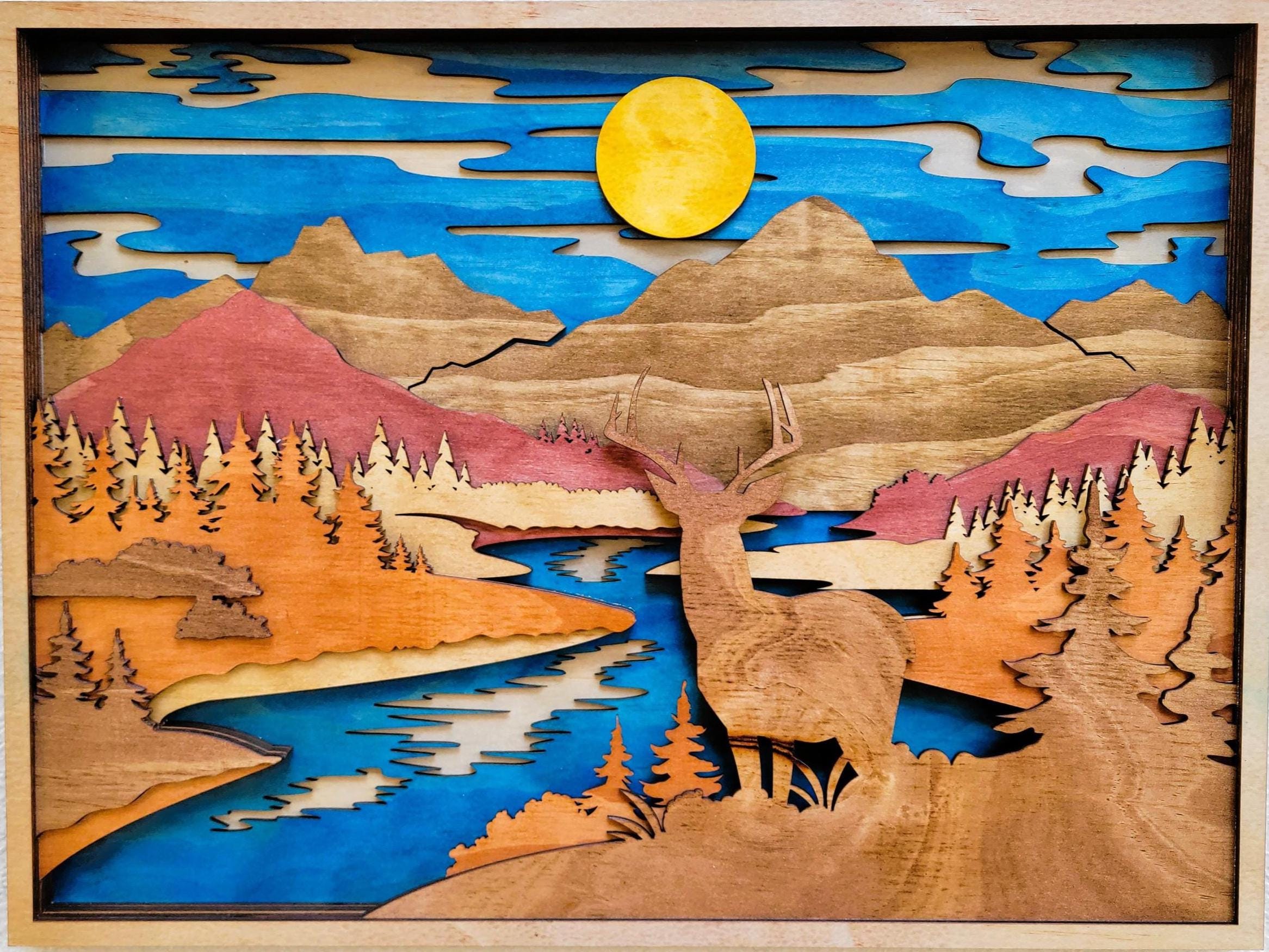 Deer & Mountain Scene: Multi Layered Stained Wood Wall Art
