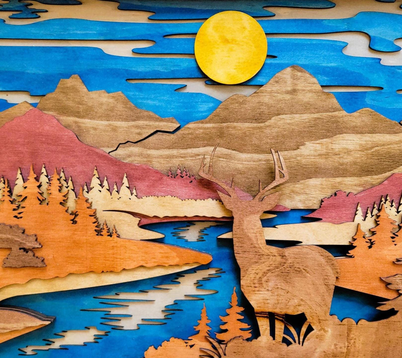 Deer & Mountain Scene: Multi Layered Stained Wood Wall Art
